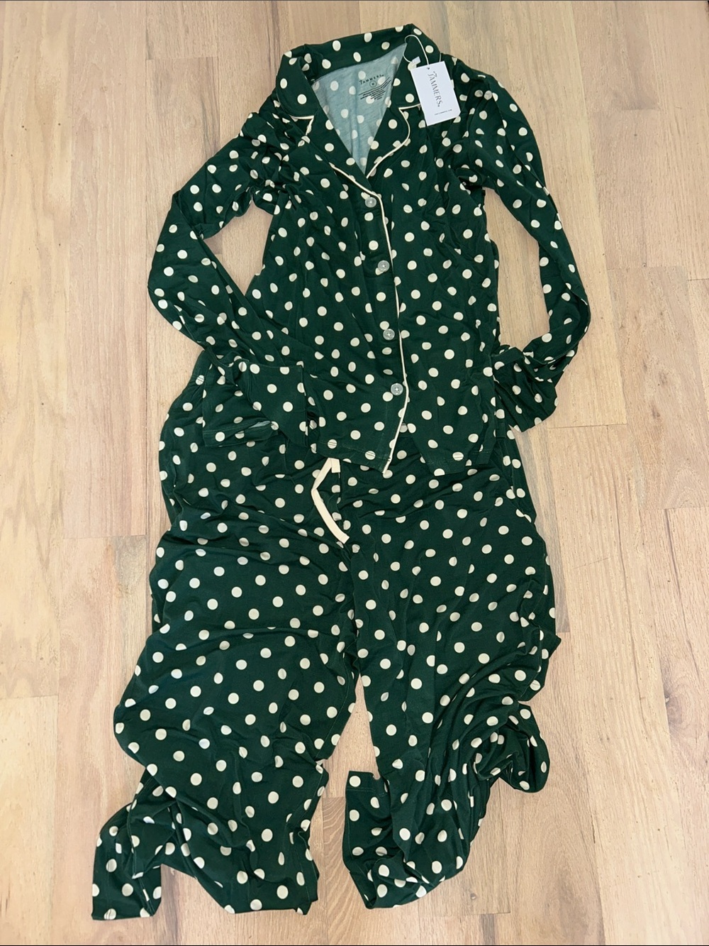 Green Polka Dot Pajama Set with Cream Piping